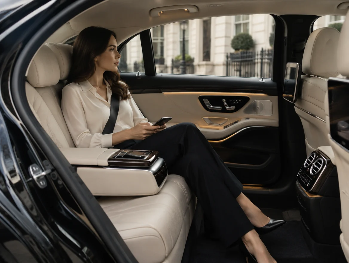 Passenger relaxing in a spacious ivory leather chauffeur car interior